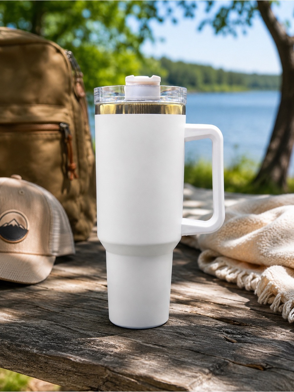 40 oz Travel Mug with Handle White Gold Accent